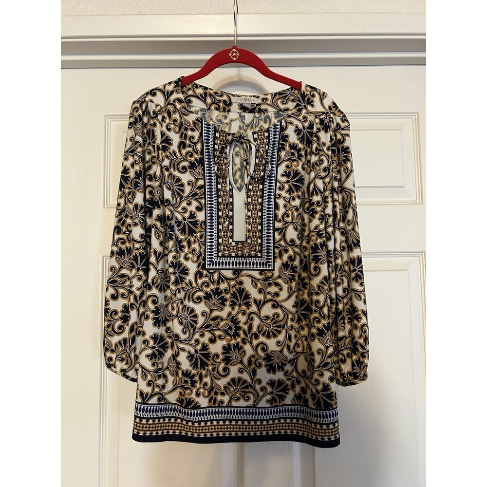 Roz & Ali Top Size 1X Multi Color Tie Neck 3/4 Sleeve Elastic Cuff Plus Size
